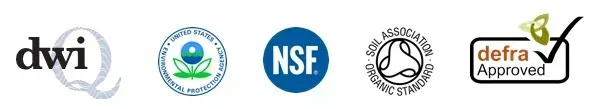 Sigle: DWI, Agenția pentru Protecția Mediului din SUA (EPA), NSF, Soil Association, Defra Approved